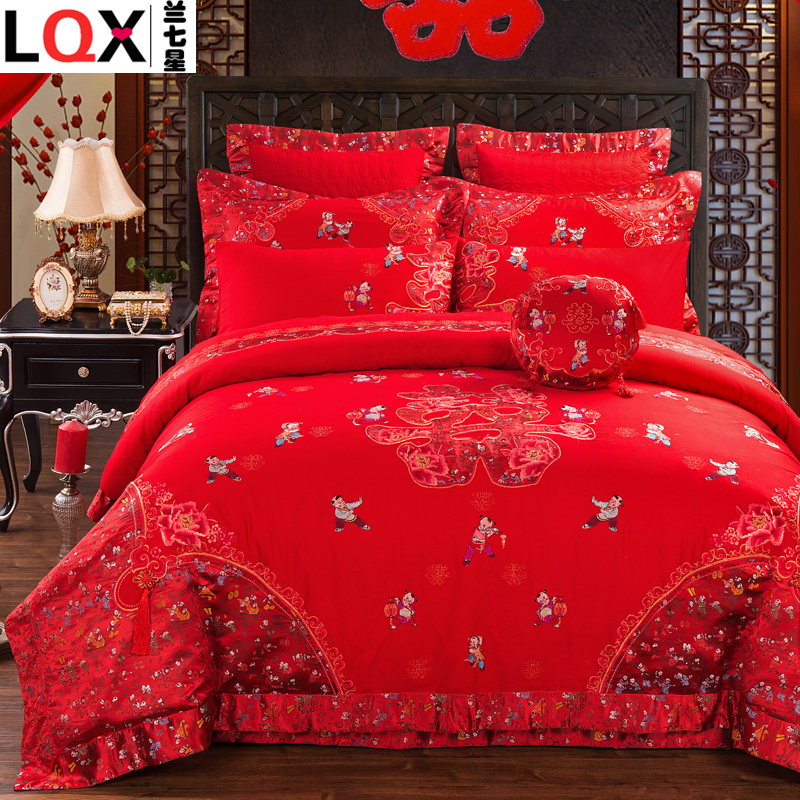 刺绣百子图六八十四件套结婚庆大红色喜被套婚房婚礼床上用品床单