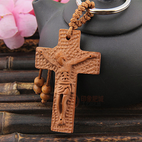 木雕桃木耶稣十字架钥匙扣挂件项链吊坠招财辟邪基督平安符