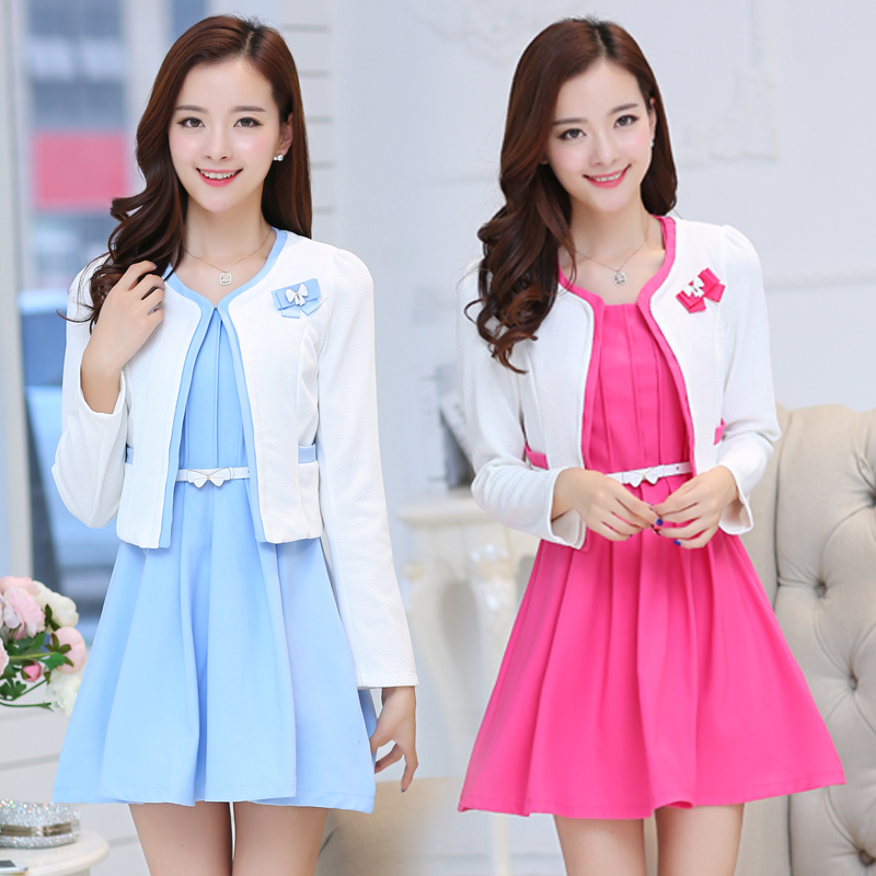 朵以套装2015韩国秋装新款大码修身时尚两件套连衣裙短外套背心裙