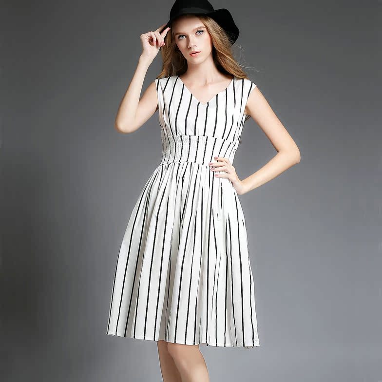 欧美女装新款修身无袖背心裙 气质高腰v领竖条纹白色中长款连衣裙