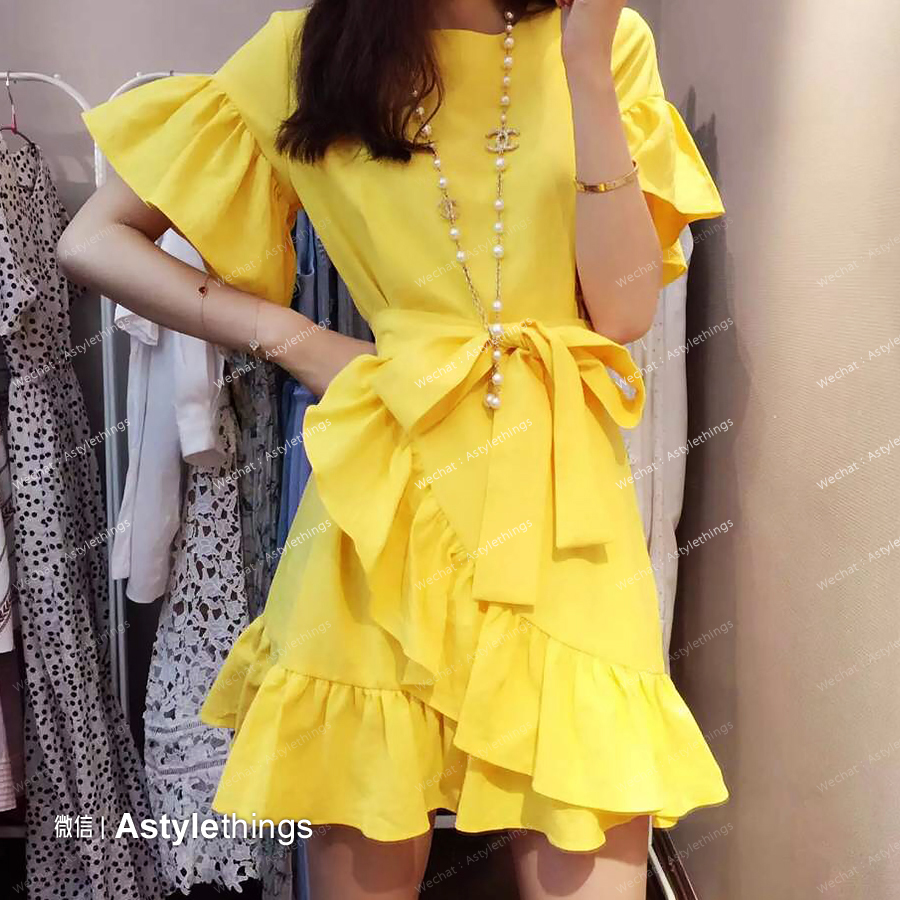 韩国东大门代购2015夏季新款女装 柠檬色甜美少女风亚麻连衣裙