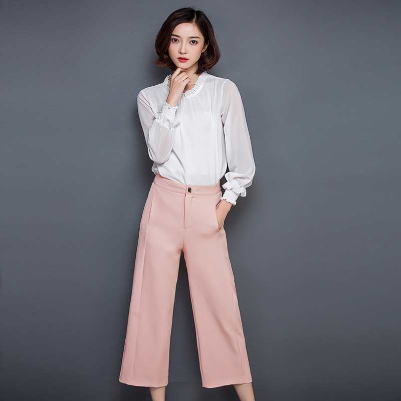 2016韩版新款时尚大牌女装气质修身长袖雪纺衫加阔腿裤两件套套装