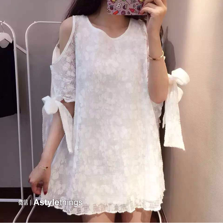 韩国东大门代购15夏季新款女装 蝴蝶结细节白色露肩连衣裙