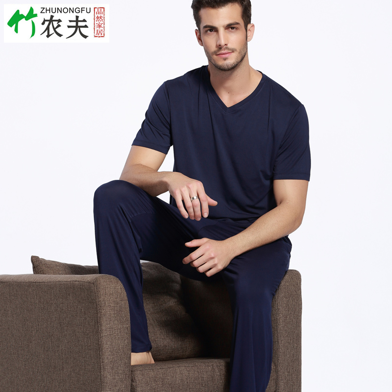 竹纤维睡衣男夏季家居服短袖长裤套装中年宽松薄款加肥加大码纯色