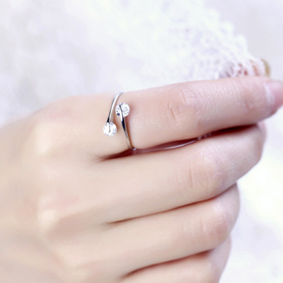 S925纯银 简约百搭锆石开口戒指尾戒 双钻个性指环戒指女银饰品