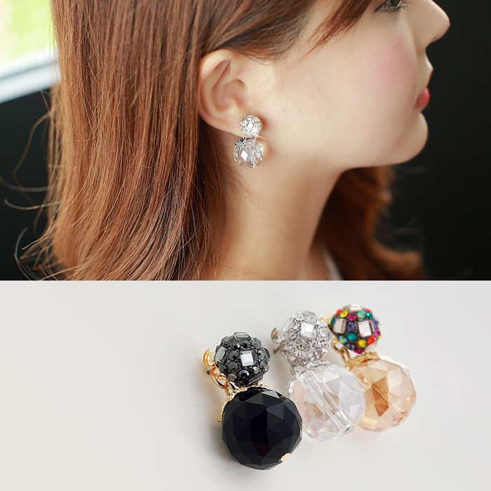 韩国气质925纯银针圆形球耳钉进口超闪锆石水晶钻花朵后挂式耳环