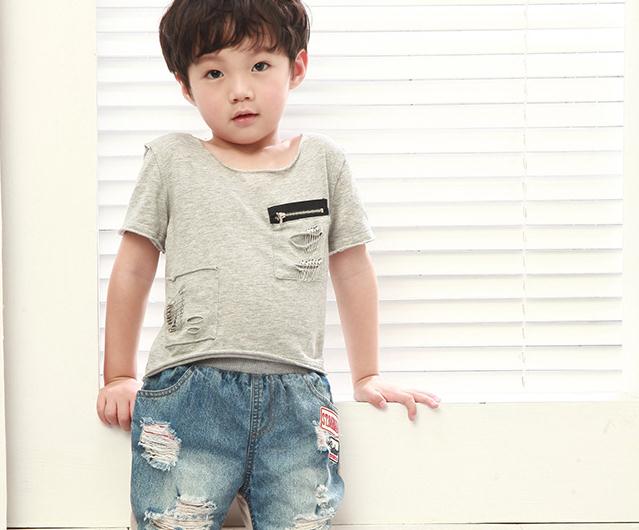 2014韩版品牌童装创意别针拉链男童短袖T恤 纯棉新潮百搭儿童上衣