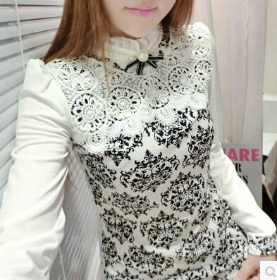 T恤衫2015年春秋季韩版女装蕾丝长袖T恤白色打底衫修身显瘦上衣美