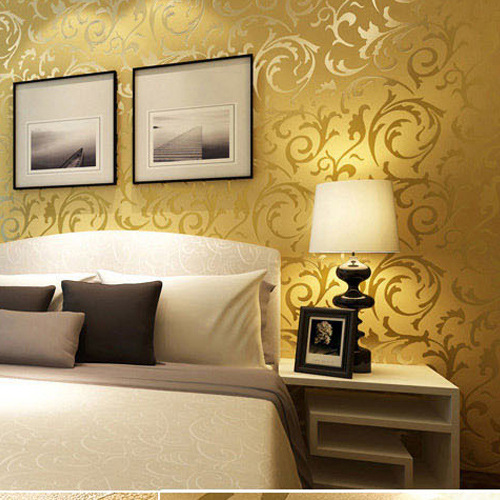 无纺布欧式壁纸 客厅现代金色电视背景墙纸 立体植绒压花莨苕卷叶