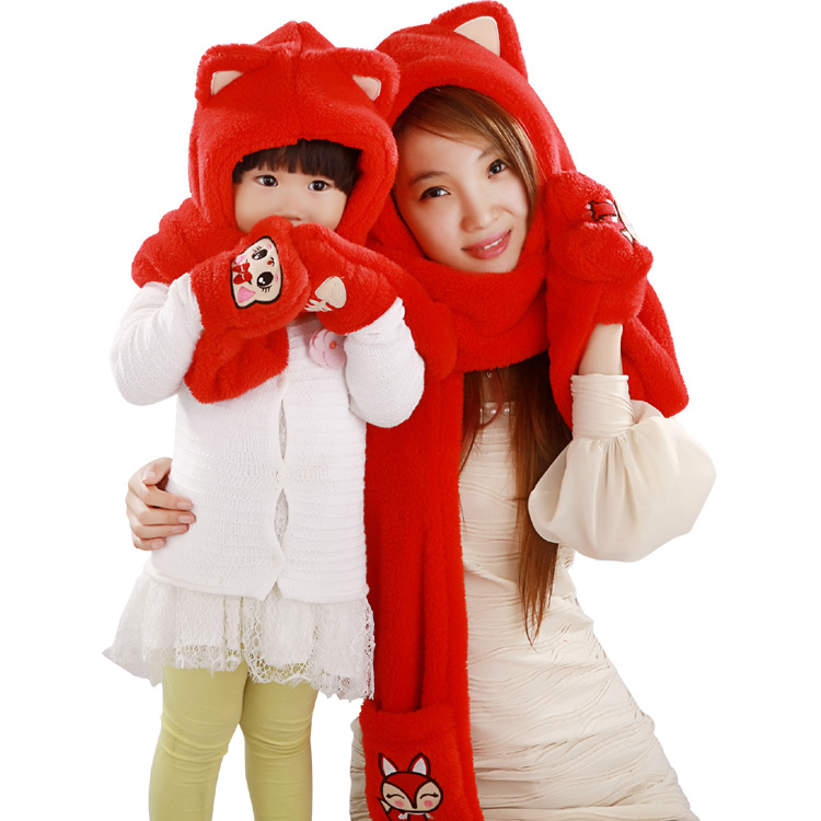 新款韩国亲子冬天保暖羊绒男女儿童帽子围巾手套连体三件套装一体