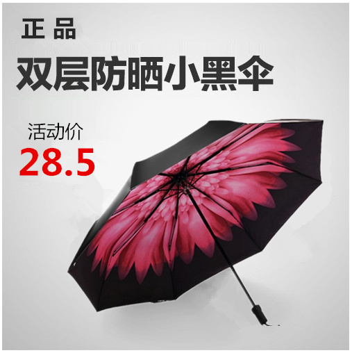 正品晴雨小黑伞韩国女雏菊遮阳伞折叠太阳伞黑胶防紫外防晒伞