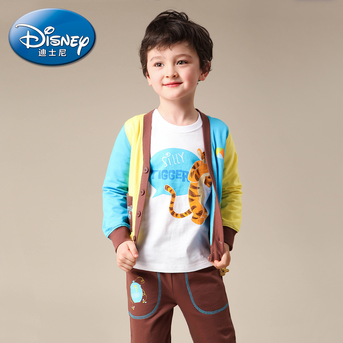 迪士尼童装2015春装新款 男童卡通时尚休闲开衫撞色拼接儿童套装
