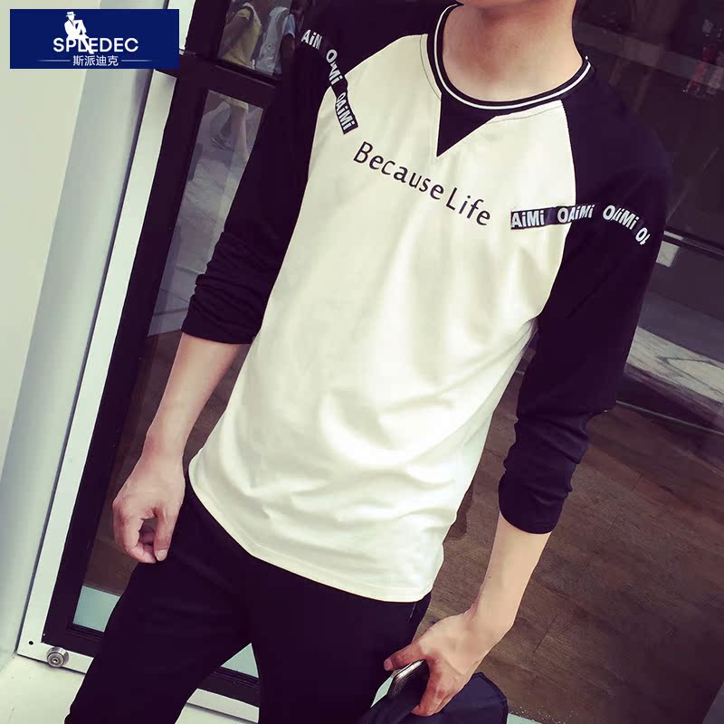 Spledec2015秋装男士新款长袖印花织带拼接圆领韩版宽松长袖T恤