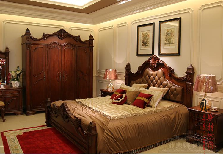 美式乡村做旧实木雕花软包双人床欧式仿古床实木卧室整套家具定制