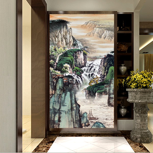 大型壁画玄关壁纸山水现代中式过道走廊背景墙壁纸壁画无纺布墙纸