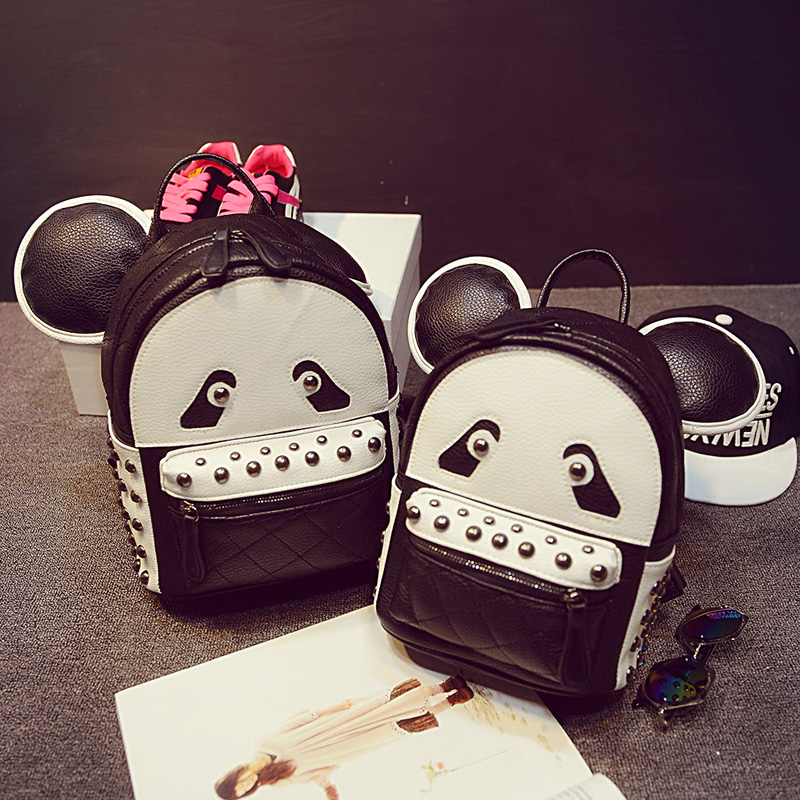 【天天特价】新款大耳朵熊猫双肩包女韩版铆钉背包潮亲子双肩包
