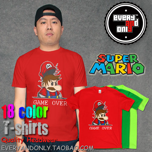 游戏创意Super Mario超级马里奥Game Over圆领纯棉男女短袖T恤