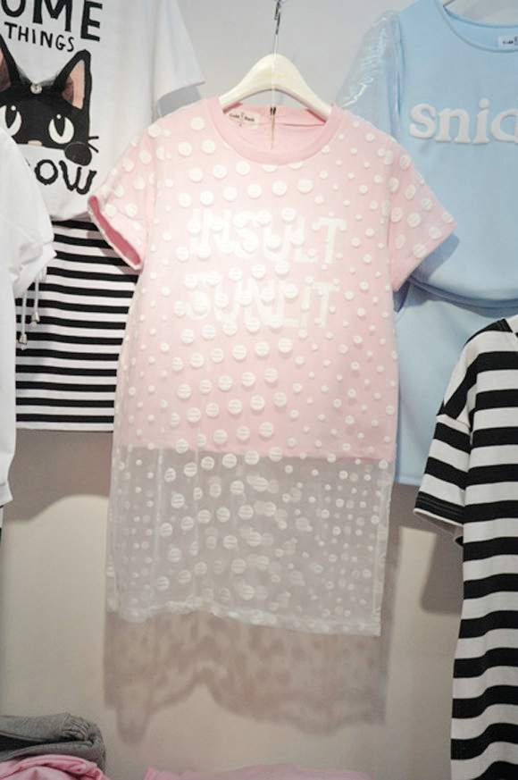 韩国代购2015春夏装新款网纱假两件套印花T恤中长款字母短袖T恤