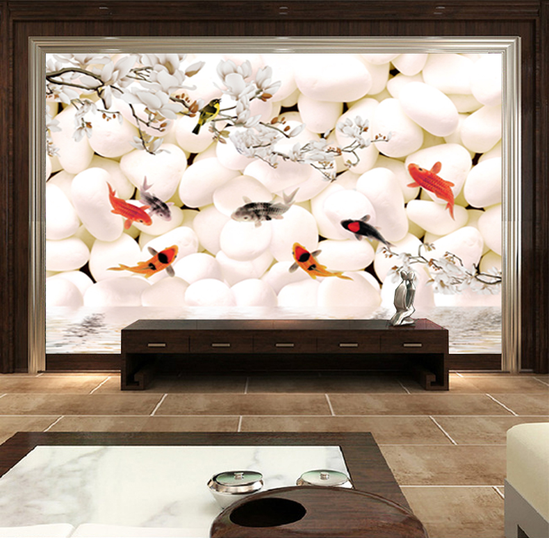 3D立体大型壁画电视背景墙纸客厅卧室无纺壁纸现代简约花开九鱼图