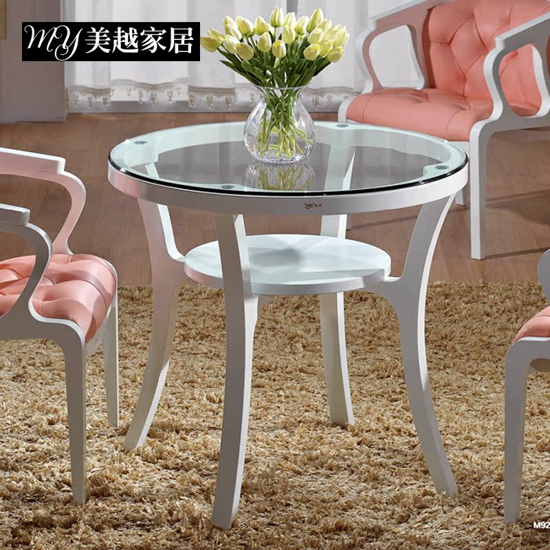 欧式实木烤漆白色洽谈桌小户型圆形双层玻璃餐桌创意时尚咖啡桌子
