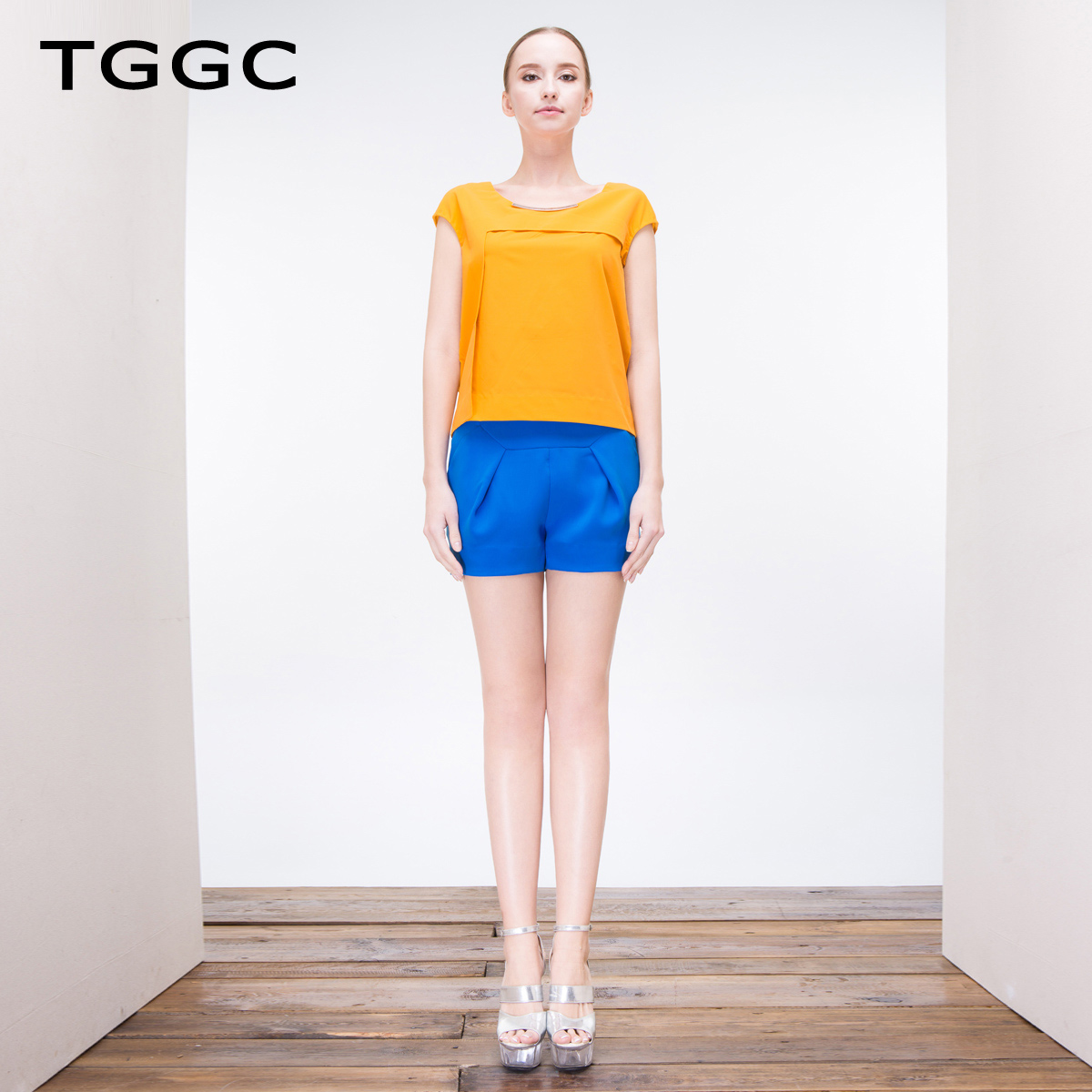 TGGC 2015夏装 时尚拼接上衣 休闲百搭配饰圆领短袖女T恤S11705