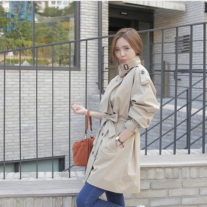 韩国代购2017秋冬修身显瘦双排扣系带中长款气质风衣长袖外套女潮
