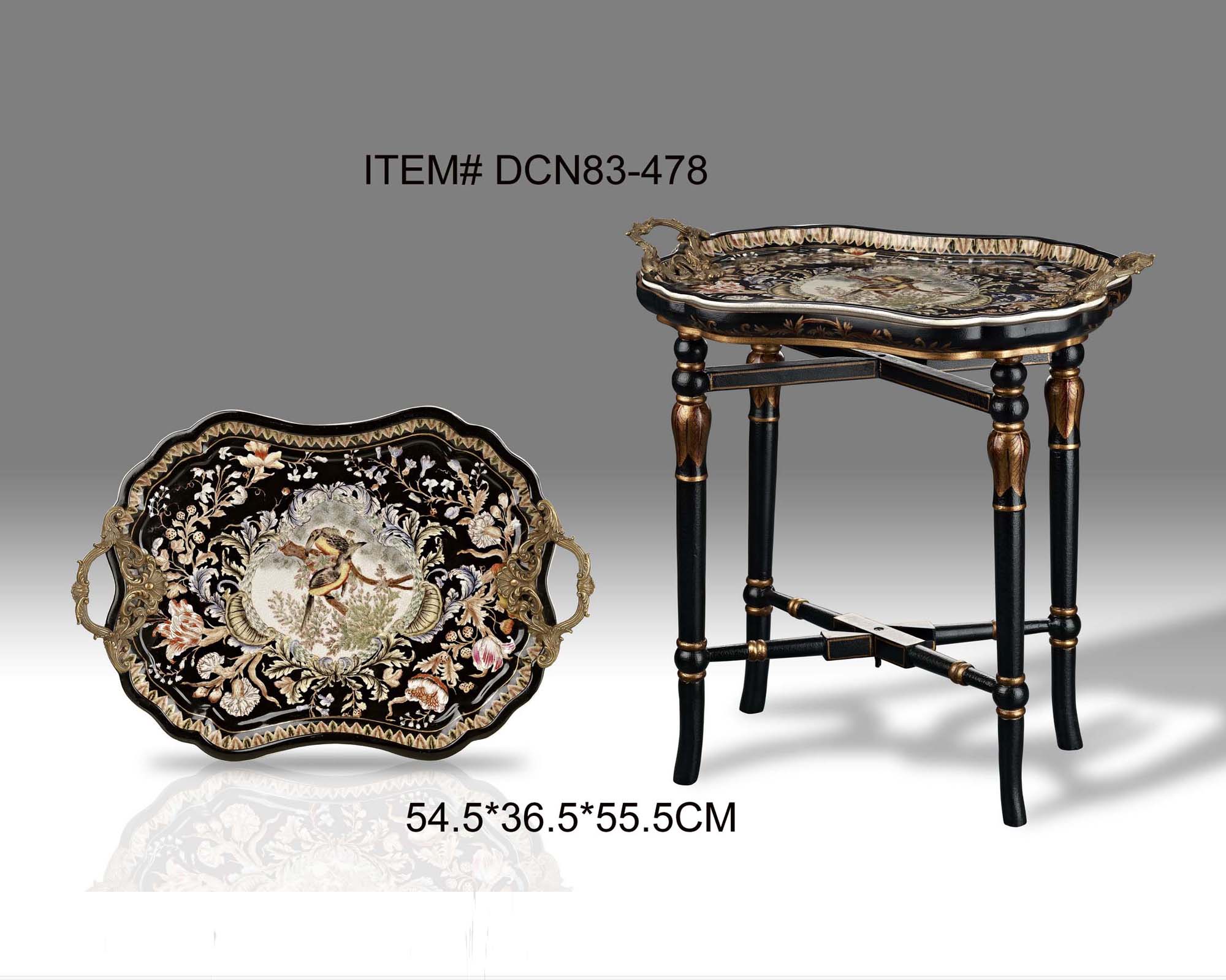 陶瓷配铜包铜镶铜家居饰品工艺品托盘茶盘茶几铜制品带支架小木桌