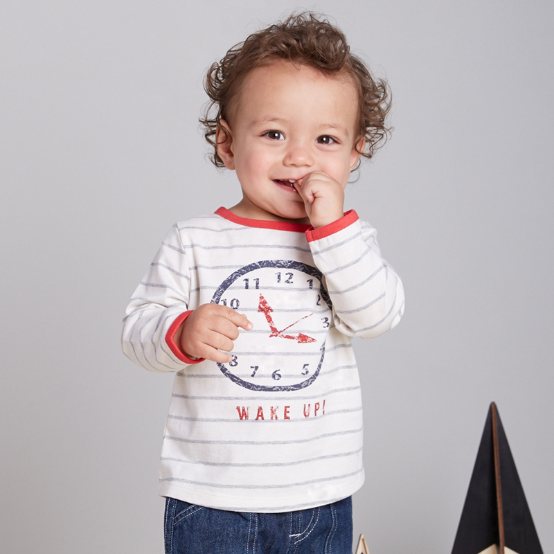 戴维贝拉2015新童装秋季纯棉时钟图案条纹长袖圆领男宝宝T恤1-5岁