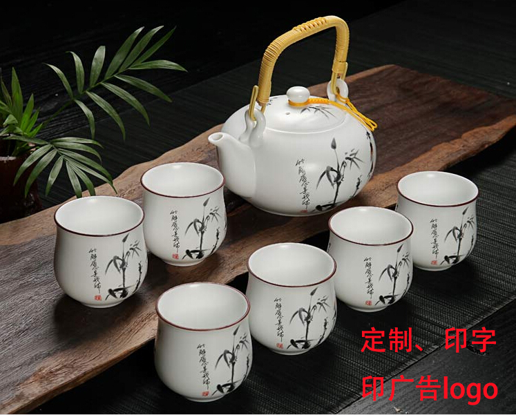 景德镇家用陶瓷提梁壶茶具大号白色大容量茶壶高档茶杯整套装特价