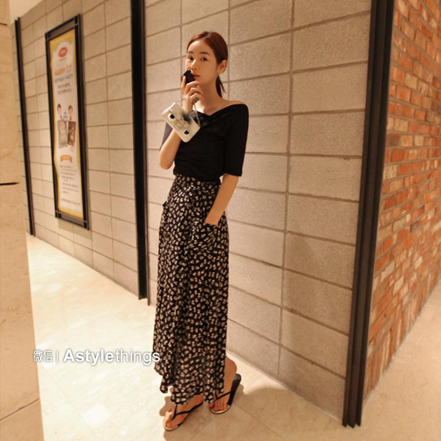 韩国东大门代购2015夏季新款女装 不规则斜领t恤黑色短袖上衣TEE