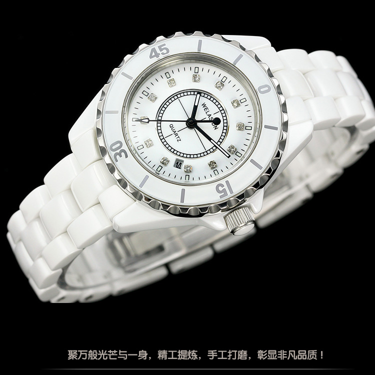 shoubiao 女表 杨幂同款 女手表 陶瓷 镶钻 白色 学生腕 时装表