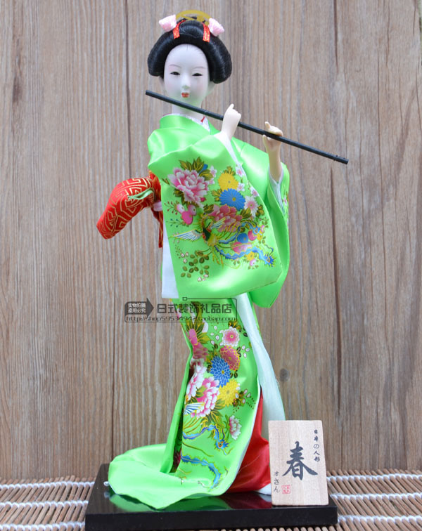 日本礼品 传统工艺日本娃娃摆件 日本女 家居装饰摆设12寸绿吹笛