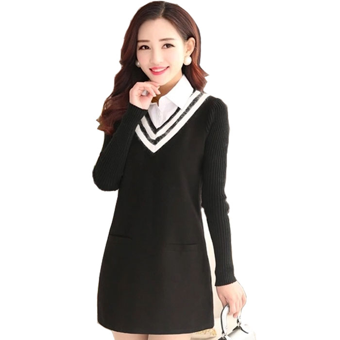 2015秋季新款连衣裙女立领假两件套针织长袖韩版修身长裙
