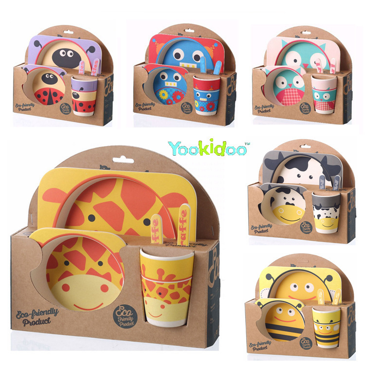 正品yookidoo儿童碗勺杯套装盒 婴儿宝宝植物竹纤维环保卡通餐具