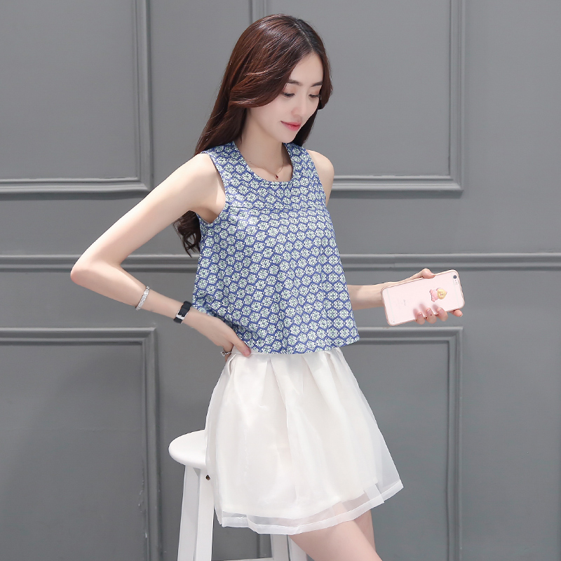 套装女2016夏季新款 韩版蕾丝短款上衣珍珠扣背心+白欧根纱蓬蓬裙