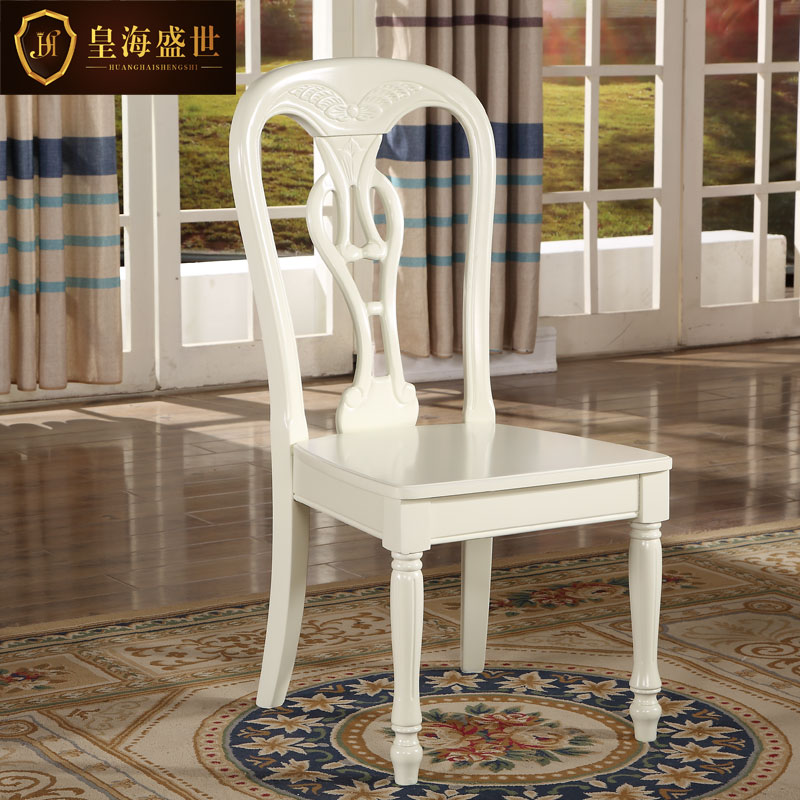 欧式 实木雕花象牙白色现代简约无扶手餐椅子组合家具