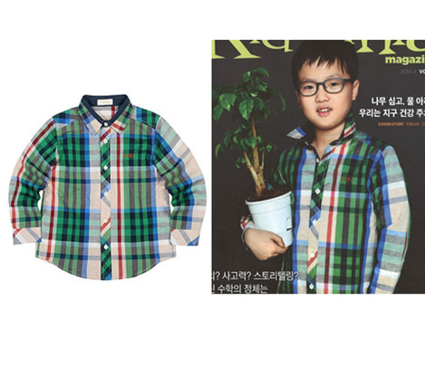 韩国品牌DAKS男童绿色棉麻格子长袖衬衫中大童衬衣