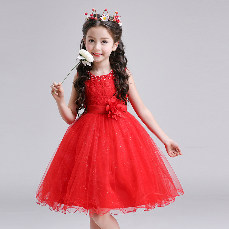 女童连衣裙夏季新款大红色蓬蓬纱裙白色蛋糕裙舞蹈表演礼服演出服