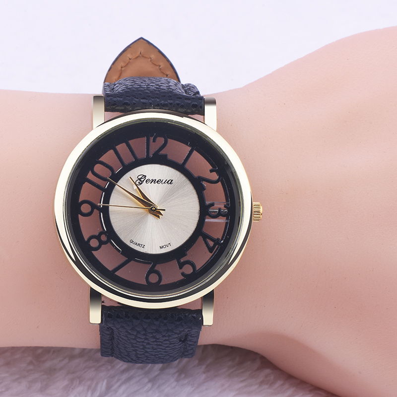 Geneva日内瓦经典款 字面刻度镂空时尚商务手表 简约时装表送表盒