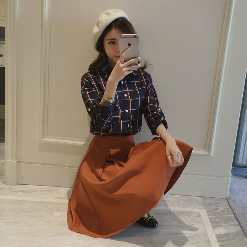 韩国2016秋装新款女装名媛气质两件套格子衬衫中长半身裙时尚套装