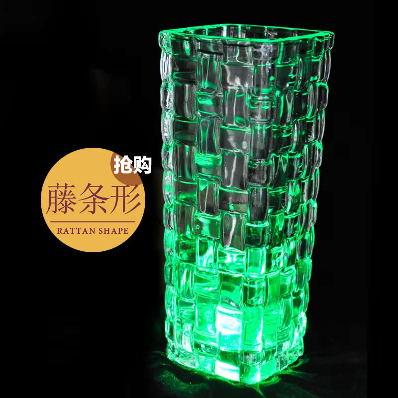 渐变发光水晶玻璃花瓶透明家装富贵竹台面水培花器方形花瓶直筒