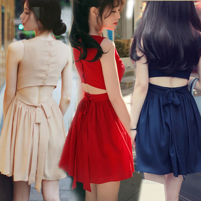 韩版修身红色性感显瘦无袖露背心裙子收腰雪纺连衣裙装促销包邮