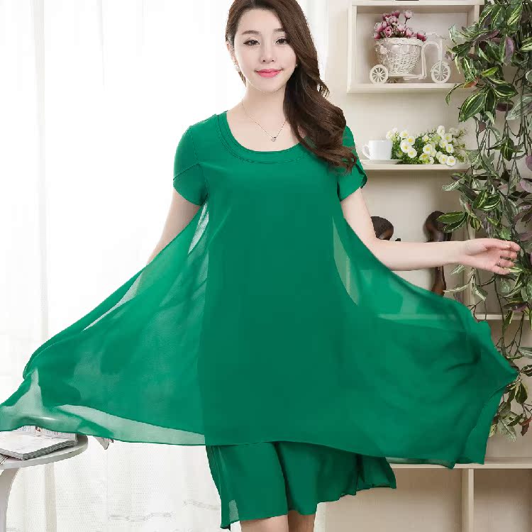 夏装新款2015年加肥加大码连衣裙 可穿200斤韩版修身显瘦雪纺长裙