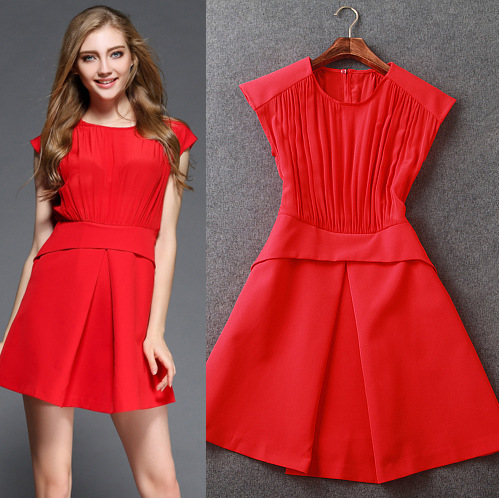 2016夏季新款欧美大牌优雅气质拼接无袖圆领真丝显瘦红色连衣裙