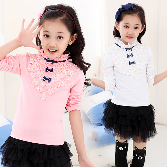 2014秋装新款韩版女童甜美公主蕾丝镂空蝴蝶结珍珠打底衫长袖T恤