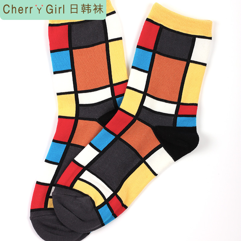 韩国进口纯棉女士中筒袜 几何拼接时尚女袜 全棉街头风个性女袜子