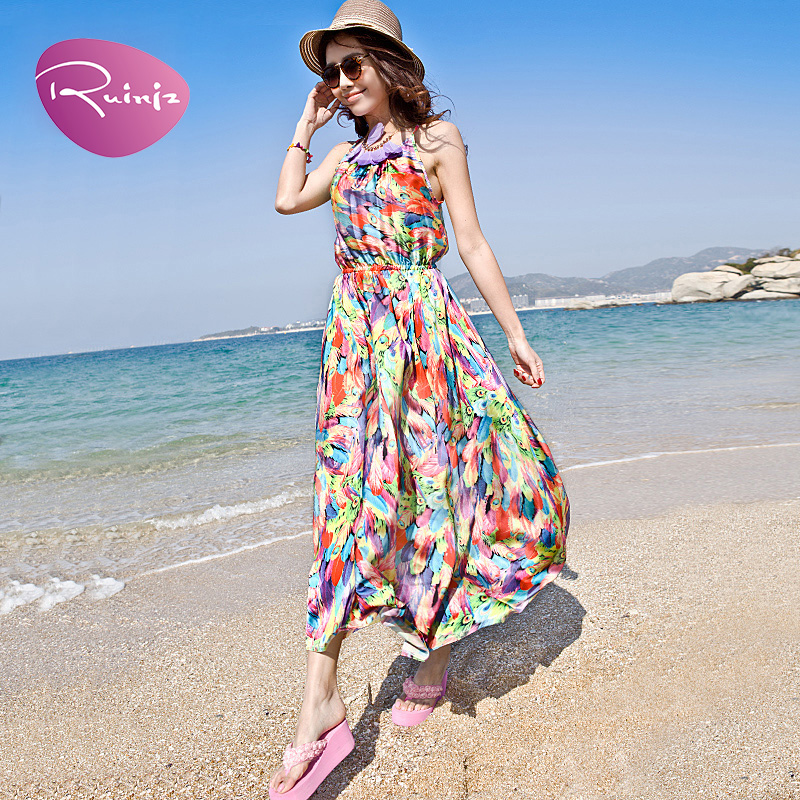 瑞妮姿显瘦大码沙滩裙波西米亚2015新款连衣裙夏女装休闲海边长裙