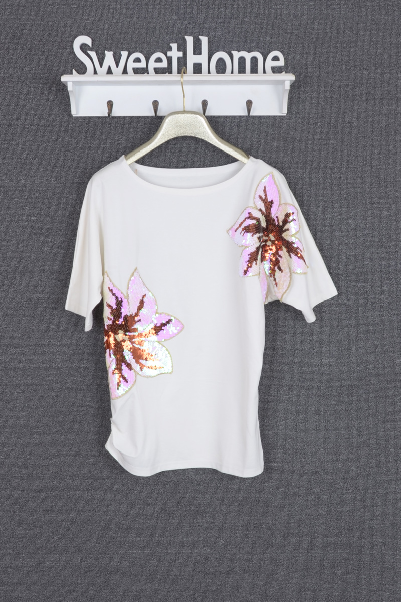 欧洲站2015夏装索悦美8101手工亮片串珠花朵宽松蝙蝠袖小衫T恤女