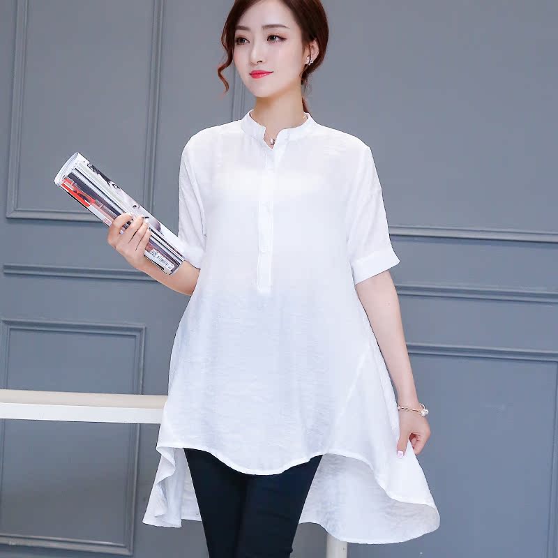 2016韩版夏装纯棉寸衫大码女装上衣修身白衬衫女短袖衬衣女中长款