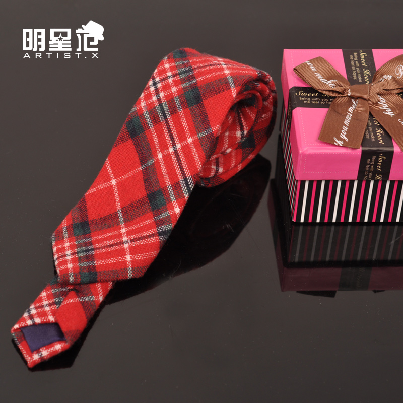 明星范格子领带男细休闲红色领带韩版窄领带英伦个性学院风小领带